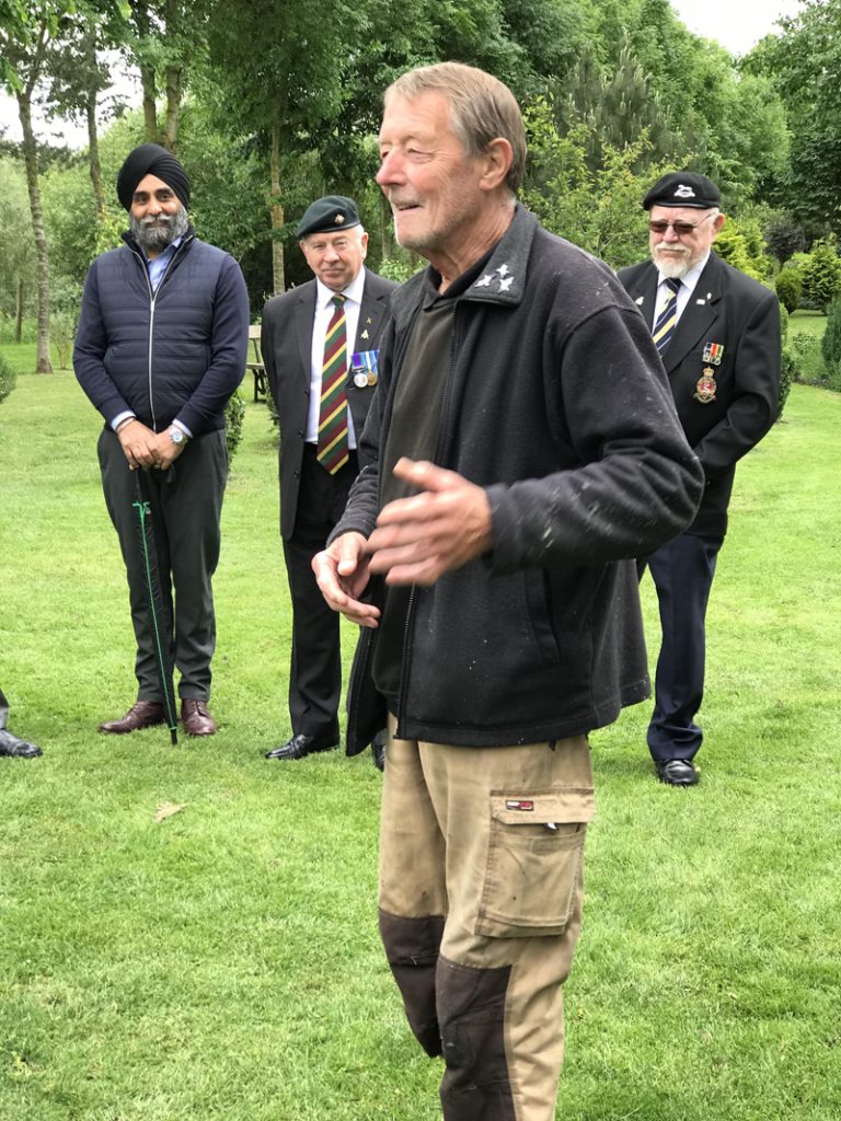 2 Brethren from Athol Lodge, Saint Patricks Lodge and White Ensign Lodge at the Allied Special Forces Memorial Grove with Mike Colton.