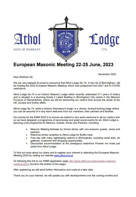 Letter of Interest for European Masonic Meeting 2023 in Birmingham
